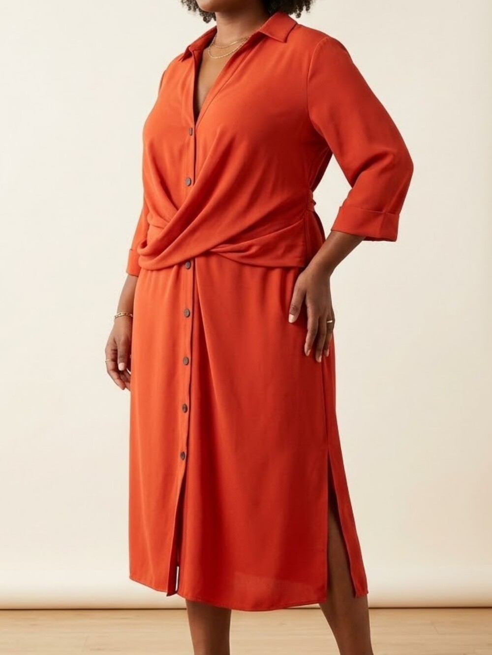 River Island Burnt Orange Twist Front Button Down Midi Shirt Dress Size 18